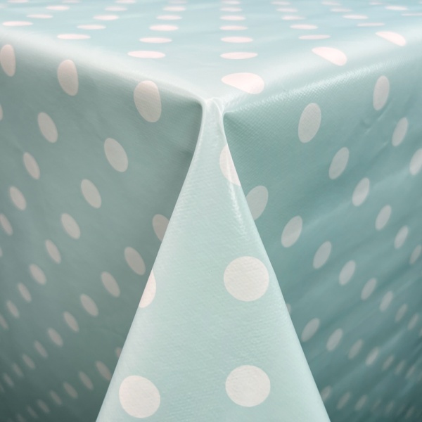 Tablecloth Vinyl  - Polka Dot White on Duck Egg 17mm